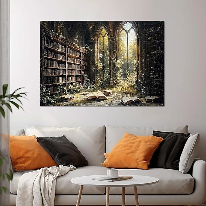 RileyCraftley Fantasy Library Canvas Wall Art Magical Book Room Print Vintage Bookshelf Painting Enchanted Library Decor