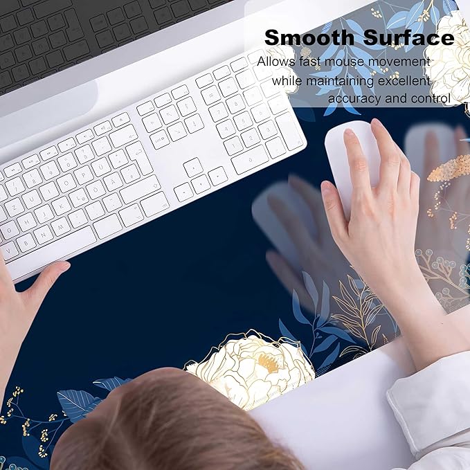 Flowers Plants Mouse Pads for Desk,Premium Textured Large Mouse Pad for Women with Non-Slip Rubber Base, Pink Gold Design Mouse Mat with Stitched Edge Desktop Protection Mat for Computers Laptop