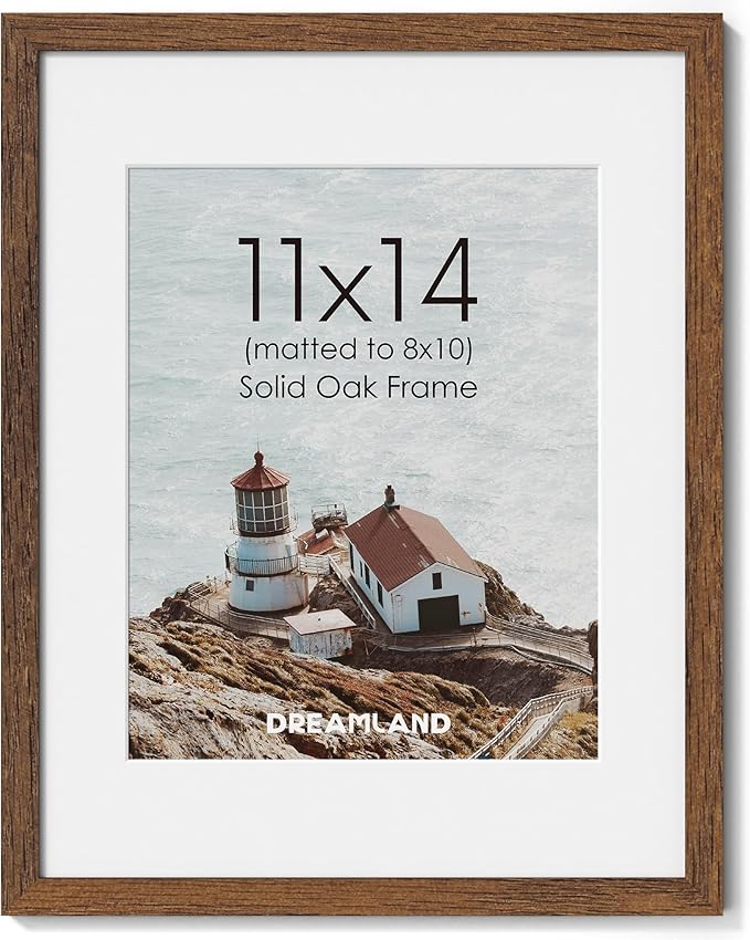Dreamland 11x14 Picture Frame, Solid Oak Wood Photo Frame with Mat for 8x10, 11 x 14 Matted Picture Frames with Resistant Plexiglass for Wall Art Photo and Prints, Walnut Color, Set of 1