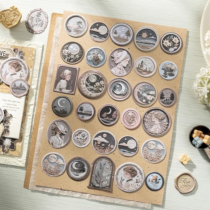 100 PCS Aesthetic Relief Fire Lacquer Stamp Sticker, Vintage Original Decorative Envelope Seal Stickers for Junk Journaling, Scrapbooking, Crafting, DIY Projects, Diaries, and Art Supplies