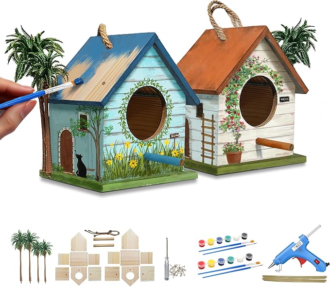 YUEYARIT Birdhouse Kit, 2 Sets of DIY Wooden Bird House Kits, Painting, Graffiti Woodworking Kits, Handcraft Bird Feeder Sets, Christmas Woodworking Kits Gifts
