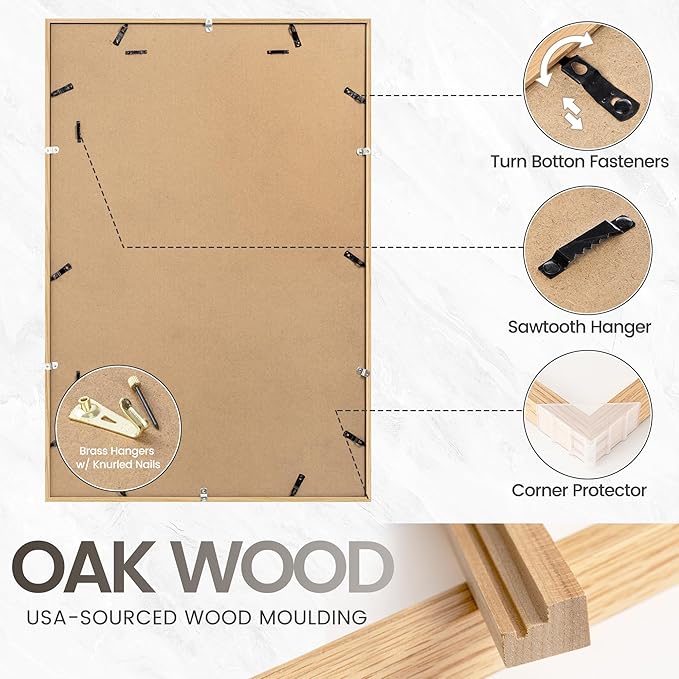 24x30 Poster Frame, USA-Sourced Natural Oak Wood Picture Collage Frame with HD Tempered Glass, Modern Simple 24 x 30 Wooden Photo Frame Matted to 18x24, Vertical & Horizontal Wall Hanging Display