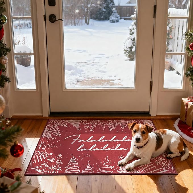 JINCHAN Deck the Halls Christmas Rug 2x3 for Entryway Washable Christmas Tree Kitchen Rug Red Xmas Doormat Non-Slip Soft Small Carpet Winter Festive Holiday Decor for Front Door Bathroom Porch Bedside