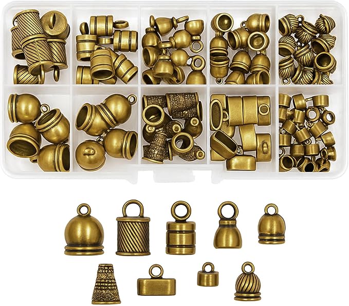Mandala Crafts Antique Brass Leather Cord End Caps for Jewelry Making, Tassel Caps, 4mm to 9mm 90 PCs Barrel Cord Ends, Kumihimo Supplies and Jewelry Findings