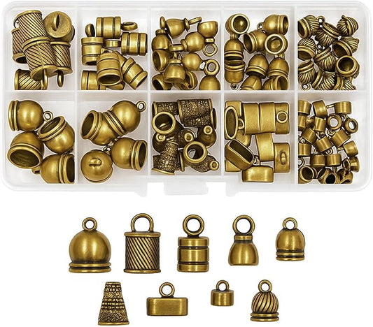 Mandala Crafts Antique Brass Leather Cord End Caps for Jewelry Making, Tassel Caps, 4mm to 9mm 90 PCs Barrel Cord Ends, Kumihimo Supplies and Jewelry Findings