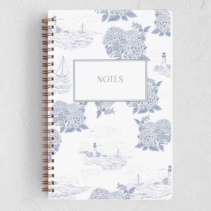 Minted Coastal Toile Notebook, Writing Journal for Notes & Journaling, Durable Paper Cover, Modern, Colorful & Simple Spiral Bound Journal Notebook with 80 Lined Pages, 5.5" x 8.5"