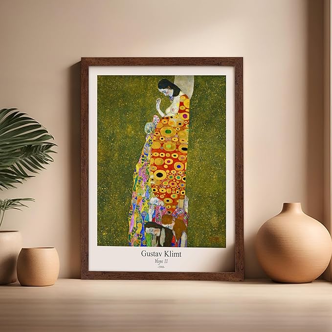 Poster Master Vintage Gustav Klimt Poster - Retro Hope II Print - Art Nouveau - Abstract Art - Symbolism Art - Aesthetic Art - Classic Painting - Colorful Living Room Decor - 16x20 Brown Framed