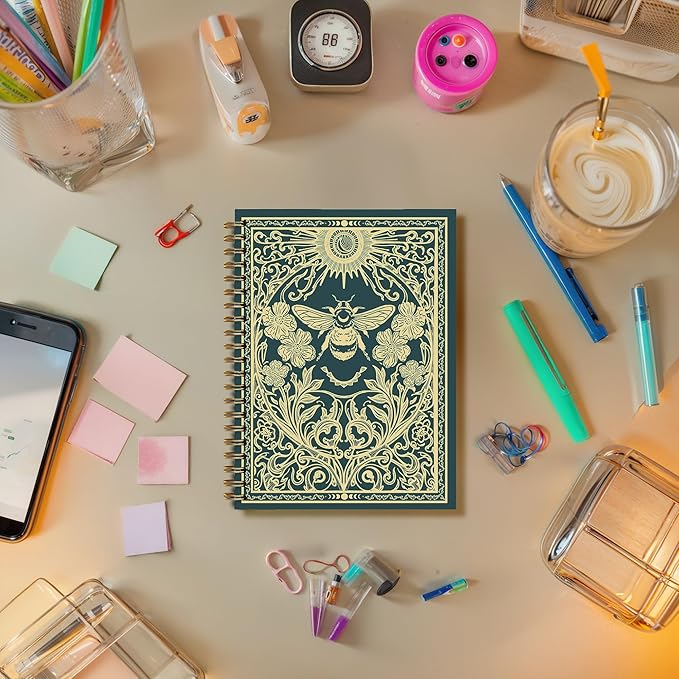Witchy Gold Bumble Bee Notebook, Mystical Celestial Bees Floral Journal, Gifts for Bee Lovers Women, Vintage Witchy Magical Insect Spiral Journal Notebook, 5.5x8.3 Inch