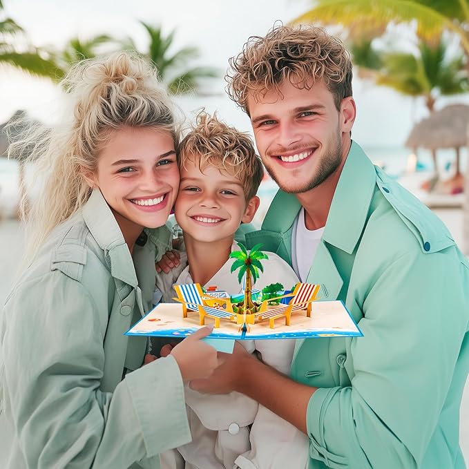 GREETING ART Beach Vacation Anniversary Pop Up Card, Beach Birthday Card, Happy Travel Summer Cards, Tropical Vacation Cards for Retirement, Father’s Day, Thinking of You, Valentines Day