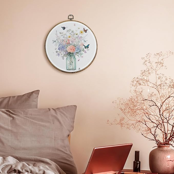 FUGWN Pink floral Round Wall Art Decor Framed, Pastel Floral Bouquet Canvas Artwork Prints, Country Botanical Wildflower Wall Hanging Decorations for Home Bedroom Living Room, 10x10 Inch
