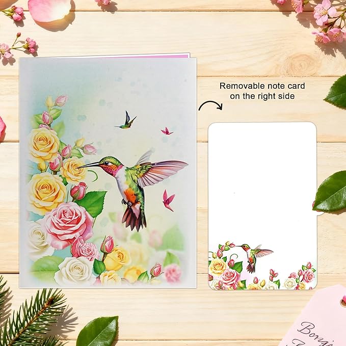 Greeting Card Green Hummingbird with Roses 3D Pop-Up Cards Handmade Birthday Flower Gift for Women, Mom, Wife, Men 6x8 Inches Aniversary Wedding Christmas Gifts Floral Thank you Envelope