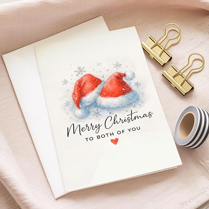 (5.3x8in) Merry Christmas to Both of You Card, Elegant Watercolor Santa Hats Design with Snowflakes Heart, Romantic Greeting Card for Couples, Friends Family, Festive Card with Envelope (Xmas 43)