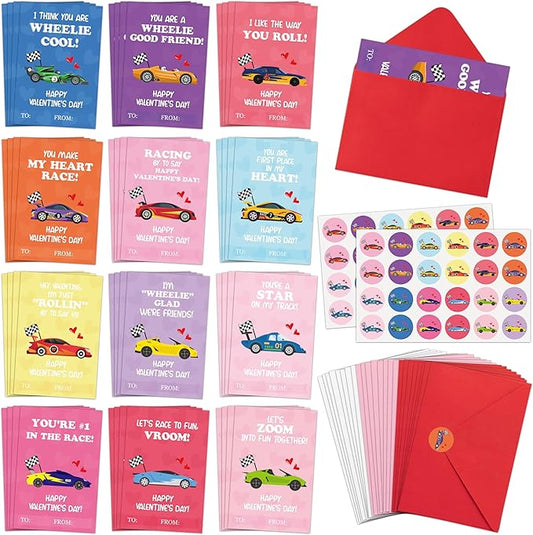TICIAGA 144pcs Valentine’s Day Racing Car Greeting Cards with Envelop and Sticker for Kid, 4 x 6 IN Adorable Race Car Notecard Exchange Gift for Boy Girl School Classroom Supply, Valentines Party Favor