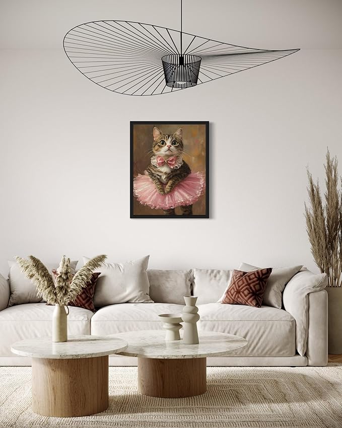 Ballerina Cat Art Poster Print, Cat Kitten Painting Humor Portrait Pet Artwork Decor Gallery A8 (Ballerina, 11 x 14 inches, Black Frame)