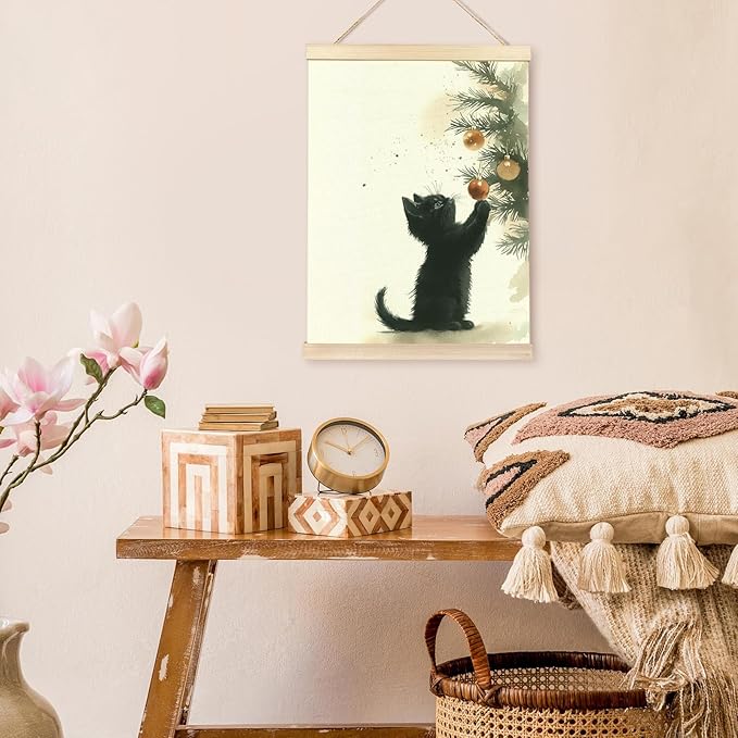 bitCNY Black Cat Kitten Christmas Wall Art – 12x16 Inch Cat and Tree Ornament Canvas, Holiday Pet Poster for Winter Home Décor