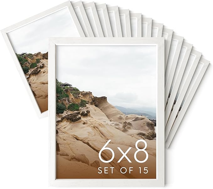 HAUS AND HUES White Oak Wood 6x8 Picture Frames - Bulk Set of 15, Premium Frames with Plexiglass (White, 6x8 in)