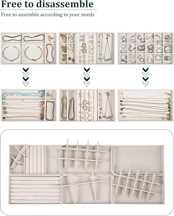 Stackable Jewelry Organizer Trays with Removable Dividers, 6-Tray Beige Jewelry Drawer Organizer Set for Earrings, Necklaces, Rings & Bracelets Gift for Her
