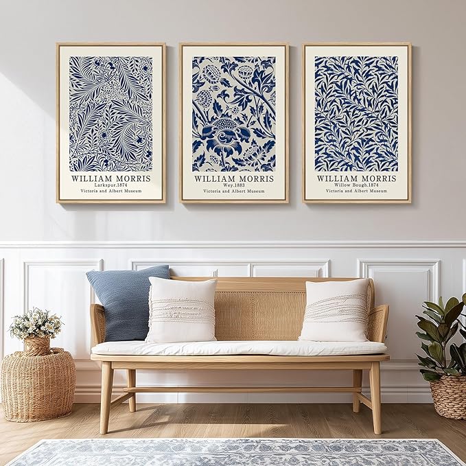 Framed Large Blue William Morris Wall Art Set of 3, Vintage Botanical Floral Canvas Wall Decor Painting, Farmhouse Aesthetic Artwork Prints for Living Room, Bedroom, Hallway, Office, Total Size 30x60