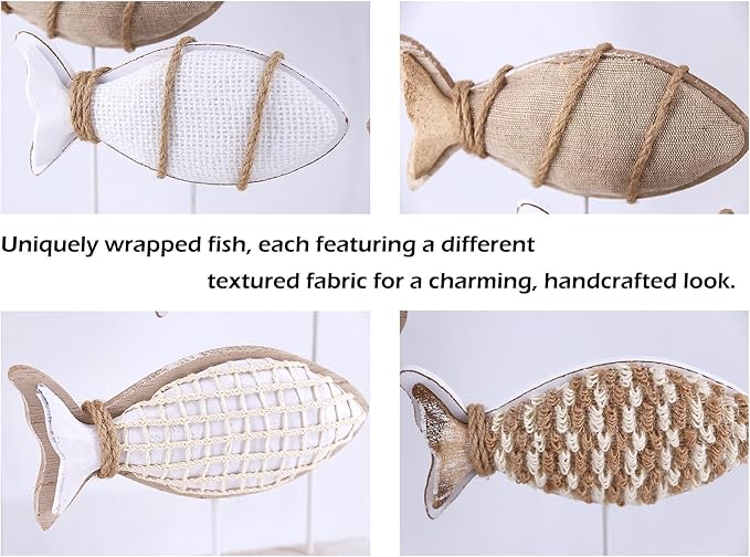 NAUTIMALL Wooden Fish Figurines with Jute Rope and Cotton String, Fish Sculpture Statues for Home Decoration, Table Top Nautical Decor for Living Room, Bedroom, Beachhouse Home Decor (JuteFish-5)