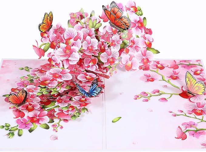 Orchids Flower Pop Up Birthday Card for Women, Wife; 3D Butterfly on Orchid Gift Card for Mother's Day, Thinking of You, Valentines, Thank You, All Occasion for Her, Mom, Sister, Grandma, Daughter