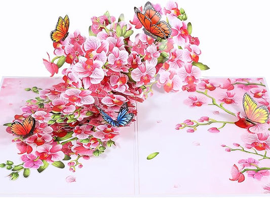Orchids Flower Pop Up Birthday Card for Women, Wife; 3D Butterfly on Orchid Gift Card for Mother's Day, Thinking of You, Valentines, Thank You, All Occasion for Her, Mom, Sister, Grandma, Daughter