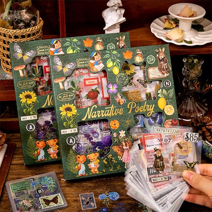 SIBLYMONA Vintage Fairy Stickers 640Pcs Transparent Stickers, Floral Butterfly Designs for Scrapbooking Journaling, Junk Journal Supplies, Cottagecore Rub On Transfers Crafts (Poetry of Fabrics)
