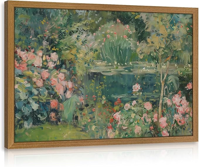 CAZLOUC Vintage Floral Wall Art, Rose Garden Pond Still Life Wall Decor, Retro Romantic Flower Poster Print, Impressionist Botanical Landscape Painting for Bedroom Office Wood Framed 16x24 Inch