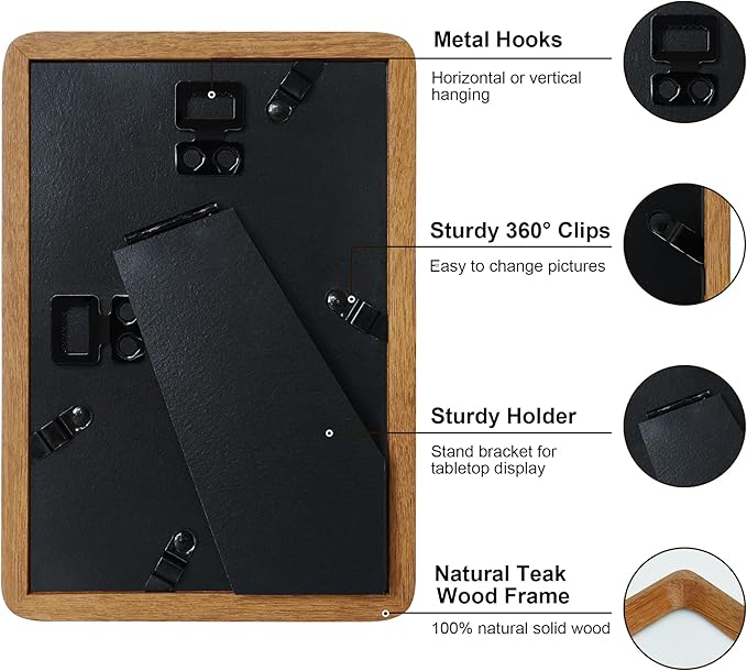 4x6 Picture Frame Natural Teak Wood with Mat for 3.5x5, Original Natural Solid Wood 4 by 6 Photo Frames with Tempered Glass Cover for Wall and Tabletop Display