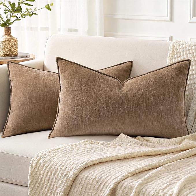 decorUhome Spring Couch Throw Pillow Covers 12x20 Set of 2, Decorative Soft Velvet Neutral Chenille Lumbar Pillow Covers with Elegant Design for Sofa Bed Living Room Home Decor, Brown