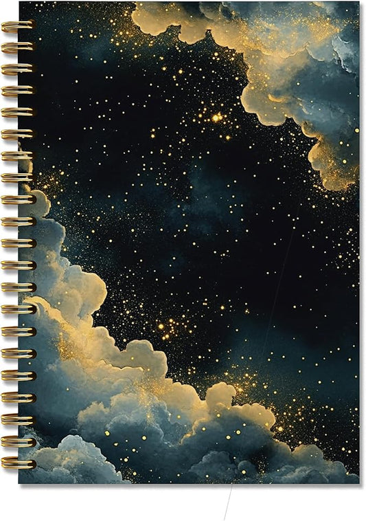 Moody Starry Night Sky Notebook, Dark Academia Witchy Gothic Journal, Fantasy Abstract Mystical Celestial Journal, Vintage Maximalist Blue Gold Galaxy Spiral Notebook, 5.5x8.3 Inch