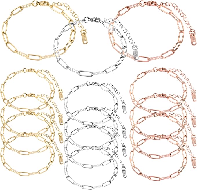15PCS 18K Gold Plated 6.3Inch Paperclip Chain Bracelets Kit Stainless Steel Adjustable Charm Bracelets with Lobster Clasps for DIY Jewelry Making