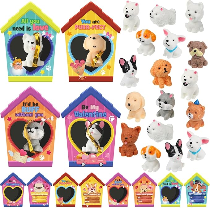 Zhanmai 48 Pcs Dog Valentine's Day Gifts Card and Dog Resin Figurines Miniature Puppy Heart Greeting Card for Valentine Party Favors Exchange Prizes Gifts (Vivid)