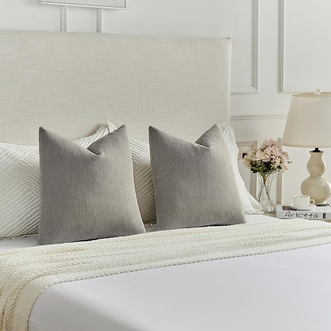 FUTEI Smoke Gray Chenille Decorative Throw Pillow Covers 12x20 Inch Set of 2,Soft Cozy Faux Linen Textured Lumbar Pillow Cases,Farmhouse Home Decor for Couch Living Room