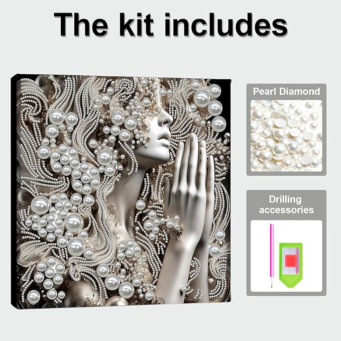 DIY Pearl Painting Kit with Wooden Frame, 3D Plastic Pearl Gemstone Ocean Art Craft for Adults Beginners, Diamond Art Kits for Adults, Home Wall Decor Ready Gift for Women(Praying Woman)(30 * 30cm)
