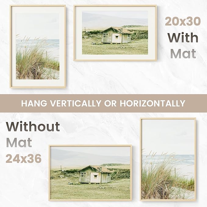 24x36 Poster Frame, USA-Sourced Natural Maple Wood Picture Collage Frame with HD Tempered Glass, Modern Simple 24 x 36 Wooden Photo Frame Matted to 20x30, Vertical & Horizontal Wall Hanging Display