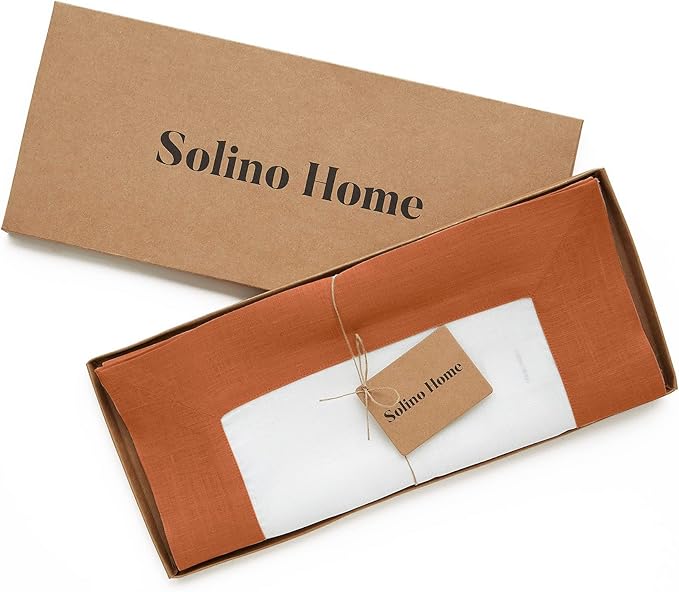 Solino Home Linen Table Runner 60 Inches - 100% Pure Linen Cinnamon and White Small Table Runner 14 x 60 Inch Ideal for Dresser and Coffee Tables - Contempo