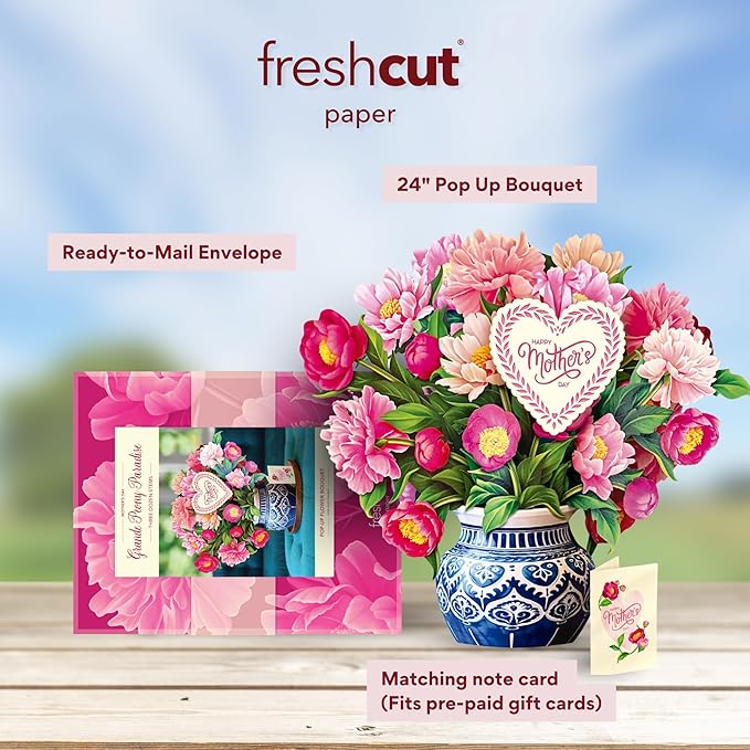 Freshcut Paper Pop Up Cards, Mother's Day Card, Grande Peony Paradise, Happy Mother's Day, 18 Inch Life Sized Forever Flower Bouquet 3D Popup Greeting Card, Gifts for Mom, Blank Notecard & Envelope