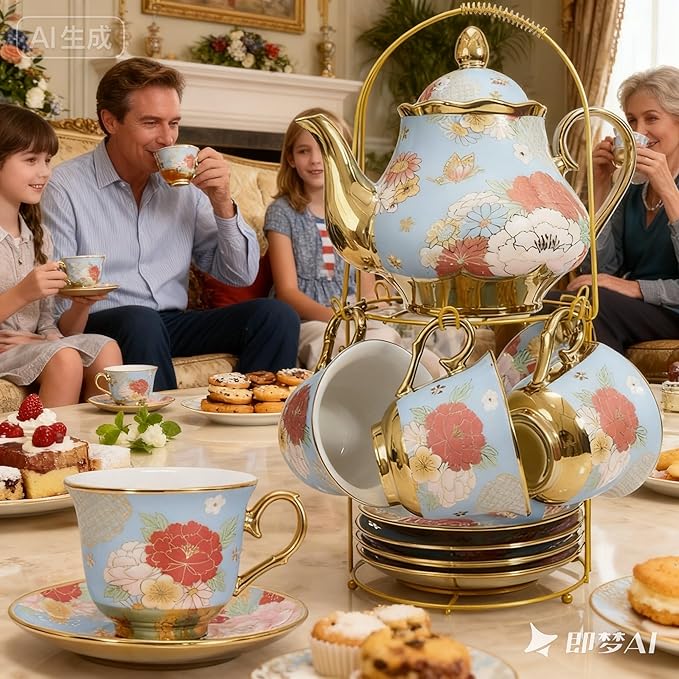 CHANJOON Gold Plated Red Rose Ceramic Tea Set, Vintage Tea Sets with Teapot, Beautiful Tea Set Coffee Serving 6 People (Green, X Large)