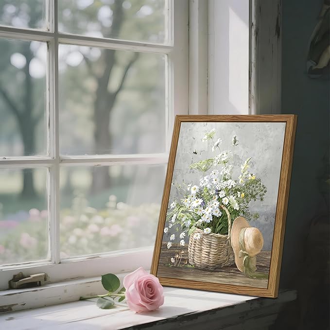 Framed Rustic Daisy Canvas Wall Art, Vintage Farmhouse Floral Pictures Wall Decor, Country Flower Botanical Paintings Prints Aesthetic Home Decor for Living Room Bathroom Bedroom 16X24 inch