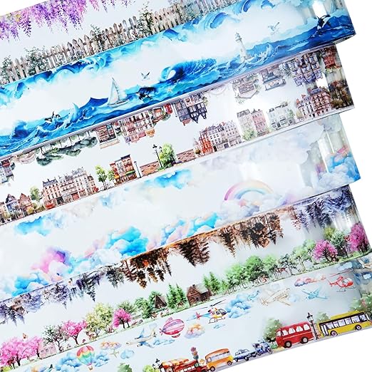 Parallel Scenery PET Tape Set, 6 Rolls Landscape Scrapbook Supplies for Journaling, DIY Crafts, and Planners, Includes Clip