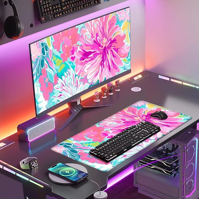 Chinoiserie Watercolor Floral Desk Mat - Pink Flower & Teal Leaves Large Mouse pad - XXL Non-Slip Desk Pad for Laptop, Vibrant Office Decor，Gaming Setup, Study Writing Mat 31.5x15.7in