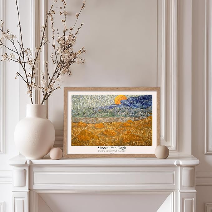 Monem Art Vintage Van Gogh Poster - Retro Evening Landscape at Moonrise Print - Impressionism Art - Fine Art - Classic Painting Art - Aesthetic Living Room Wall Decor - 11x14 Beige Framed