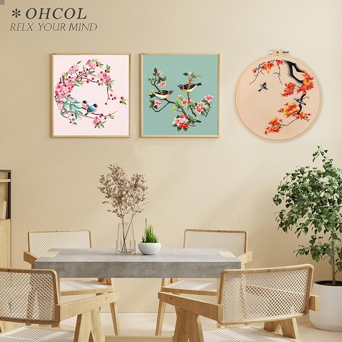 Ohcol 3 Pack Bird Embroidery Kits,Cross Stitch Needlepoint Kits for Adults Beginner,Needle Point Kits with Washable Pre-Printed Pattern,3 Hoops