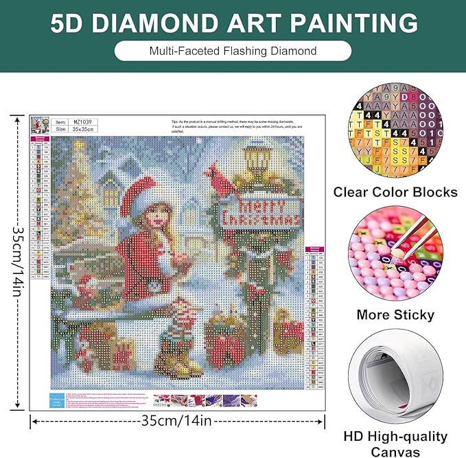 mrpwnle Christmas Diamond Art Kits for Adults, Christmas Diamond Painting for Kits Adults Beginners, 5D Round Full Drill Winter Gem Art Painting Kit, Home Wall Decor Gifts 13.8x13.8inch