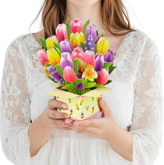 Colorful Tulip 3D Pop Up Spring Greeting Card for Mother’s Day Birthday Easter Anniversary Thank You Sympathy Get Well, Handmade Floral Bouquet for Mom, Grandma, Wife, Teacher, with Envelope and Blank Note Card
