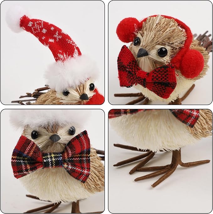 Set of 3 Christmas Birds Table Top Decorations, Christmas Twig Bird Figurines with Plush Hat, Red Bird Xmas Ornaments Tabletop Decor for Mante Kitchen Fireplace Home Holiday