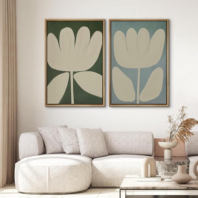 SIGNWIN Framed Canvas Print Wall Art Set Minimalist Floral Neutral Beige Flower Illustrations Modern Art Minimal Boho Colorful for Living Room, Bedroom, Office - 24"x36"x2 NATURAL