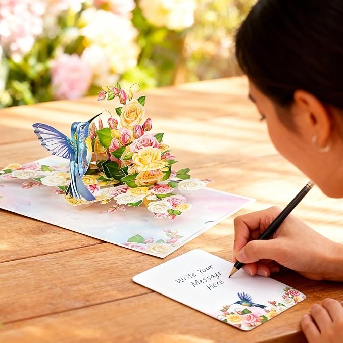 Greeting Card Blue Hummingbird with Roses 3D Pop-Up Cards Handmade Birthday Flower Gift for Women, Mom, Wife, Men 6x8 Inches Aniversary Wedding Christmas Gifts Floral