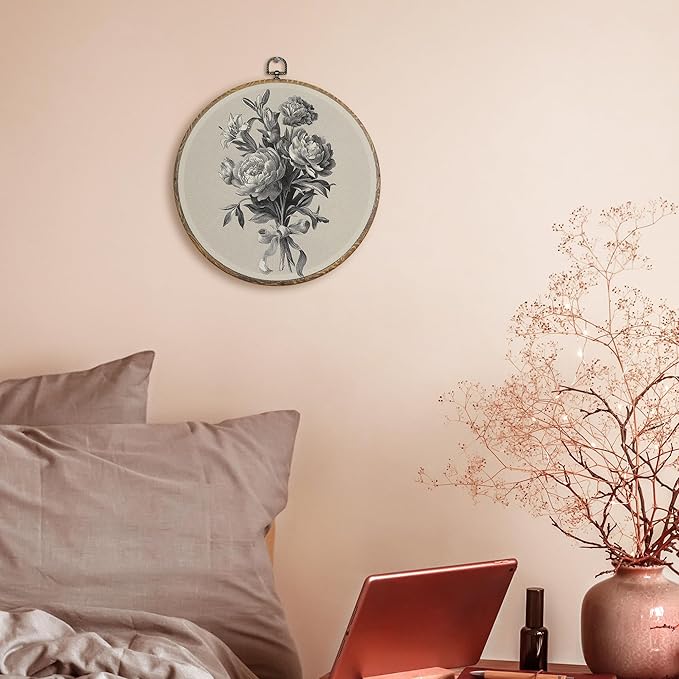 FUGWN Vintage Floral Botanical Round Wall Art Decor Framed, Cottagecore Peony Lily Carnations Flower Canvas Artwork Prints, Retro Floral Wall Hanging Decorations for Home Bedroom Room, 10x10 Inch
