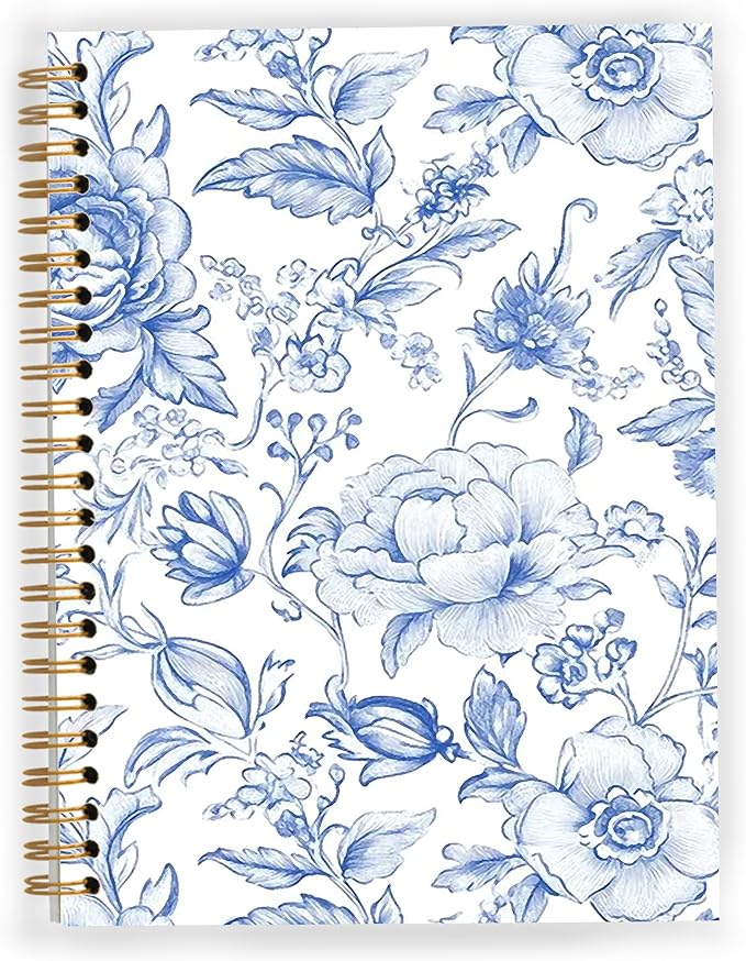 Blue and White Chinoiserie Floral Spiral Notebook, Grandmillennial Flower Notebooks for Note Taking, Vintage Blue Floral Journal Journaling, 5.5x8.3 Inch